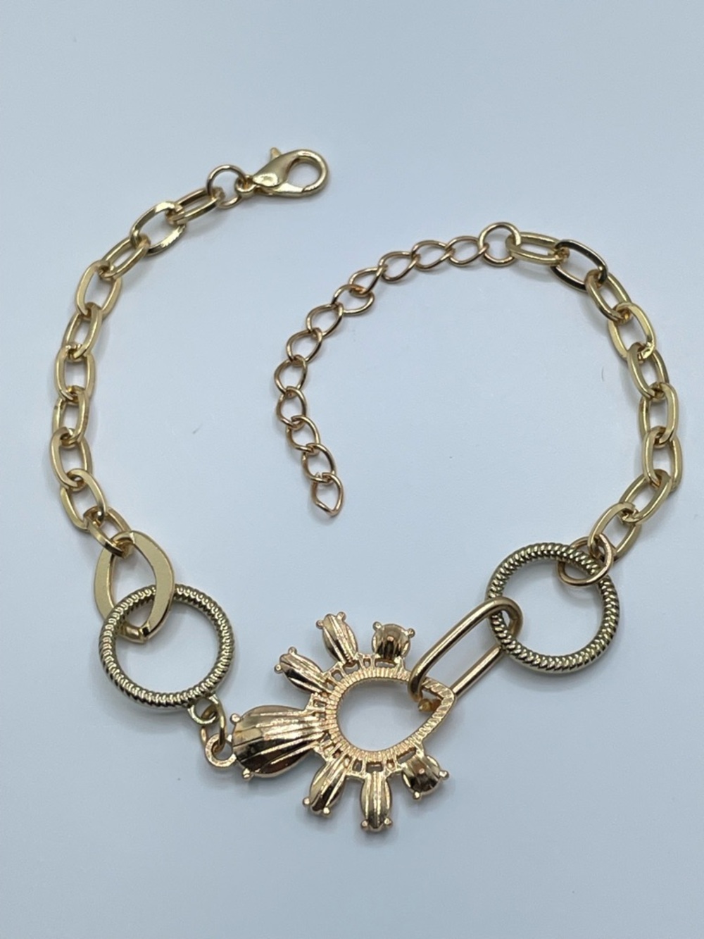 Gold Tone Crystal Toggle Bracelet Blue Teardrop Rhinestone Statement - Picture 4 of 7